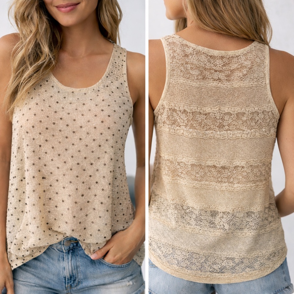 Mystree Beige Lace Tank Top with Black Polka Dots